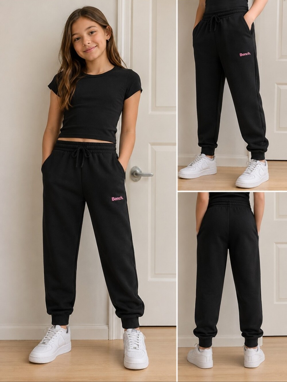 3/$15 Kids Bench Black Joggers with Pink Logo